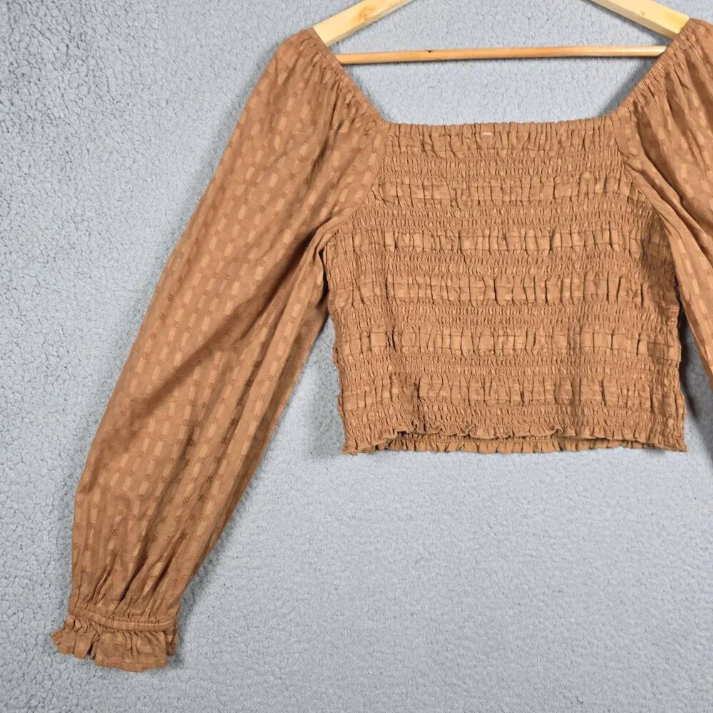 American Eagle Blouse Top Womens Medium Brown Smocked Cropped Peasant Picnic NWT